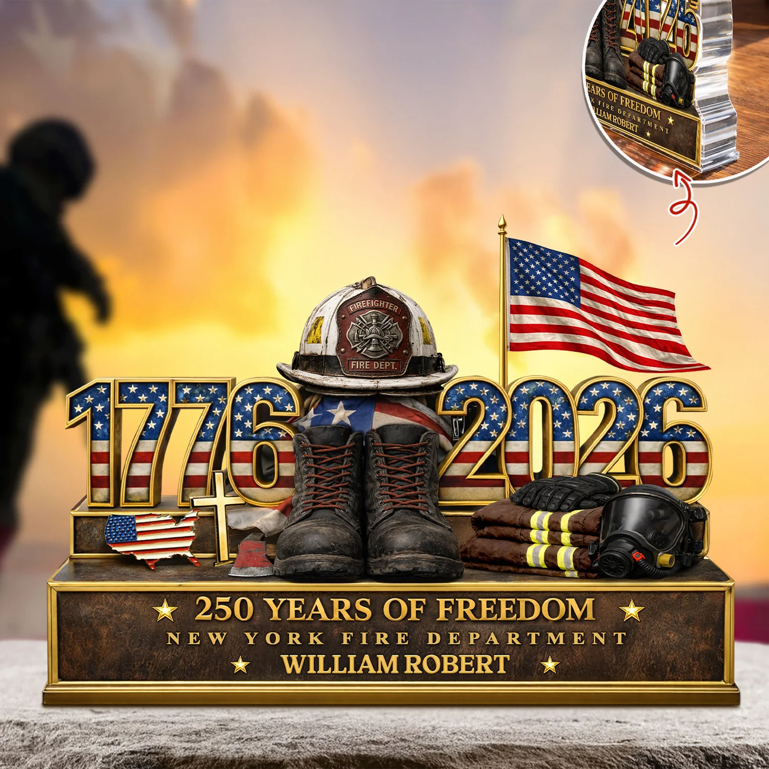 Personalized Firefighter 250 Years Of Freedom 1776–2026 Acrylic Block Plaque - Firefighter Gift, Patriotic Memorial Decor HO82 901886 - Image 6