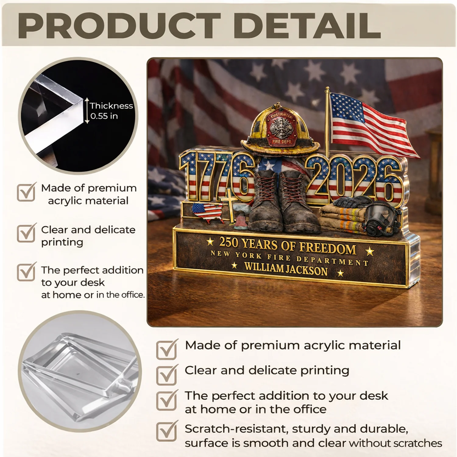 Personalized Firefighter 250 Years Of Freedom 1776–2026 Acrylic Block Plaque - Firefighter Gift, Patriotic Memorial Decor HO82 901886 - Image 7