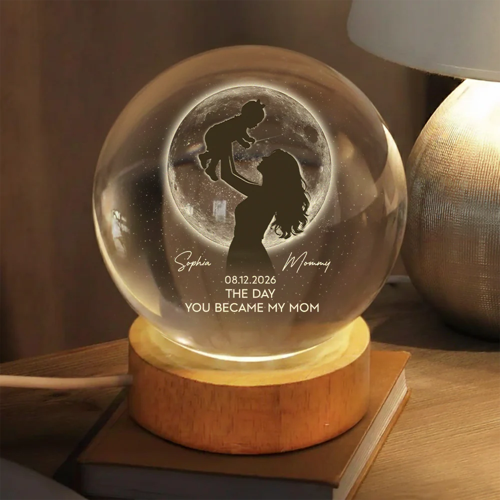 Personalized Mom Hugging Kid, The Day You Became My Mom Engraved Crystal Ball LED Night Light - Mother's Day Gift for Mom HO82 901458 - Image 2