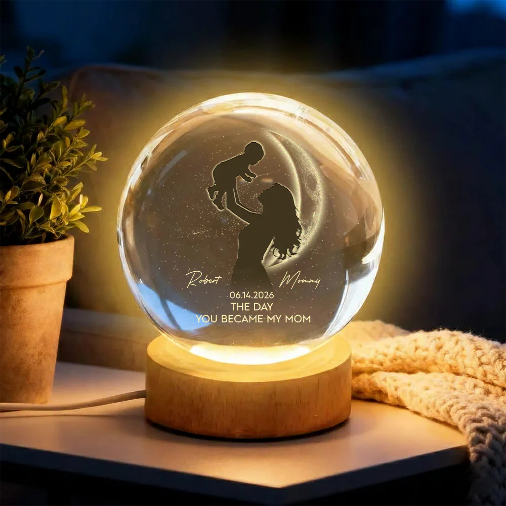 Personalized Mom Hugging Kid, The Day You Became My Mom Engraved Crystal Ball LED Night Light - Mother's Day Gift for Mom HO82 901458 - Image 3