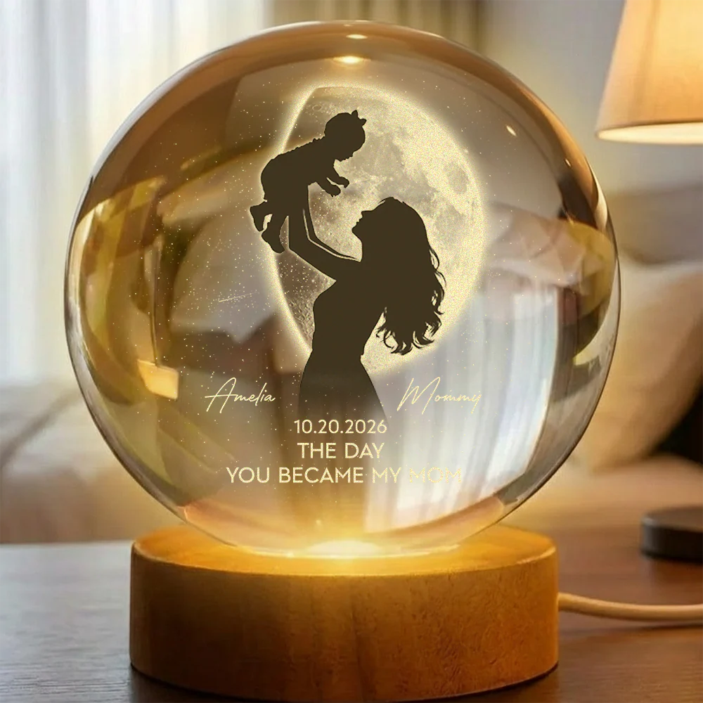 Personalized Mom Hugging Kid, The Day You Became My Mom Engraved Crystal Ball LED Night Light - Mother's Day Gift for Mom HO82 901458 - Image 5