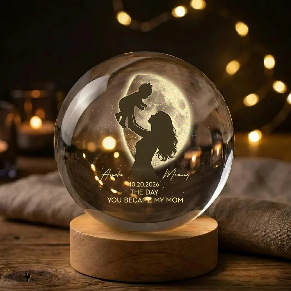 Personalized Mom Hugging Kid, The Day You Became My Mom Engraved Crystal Ball LED Night Light - Mother's Day Gift for Mom HO82 901458 - Image 6