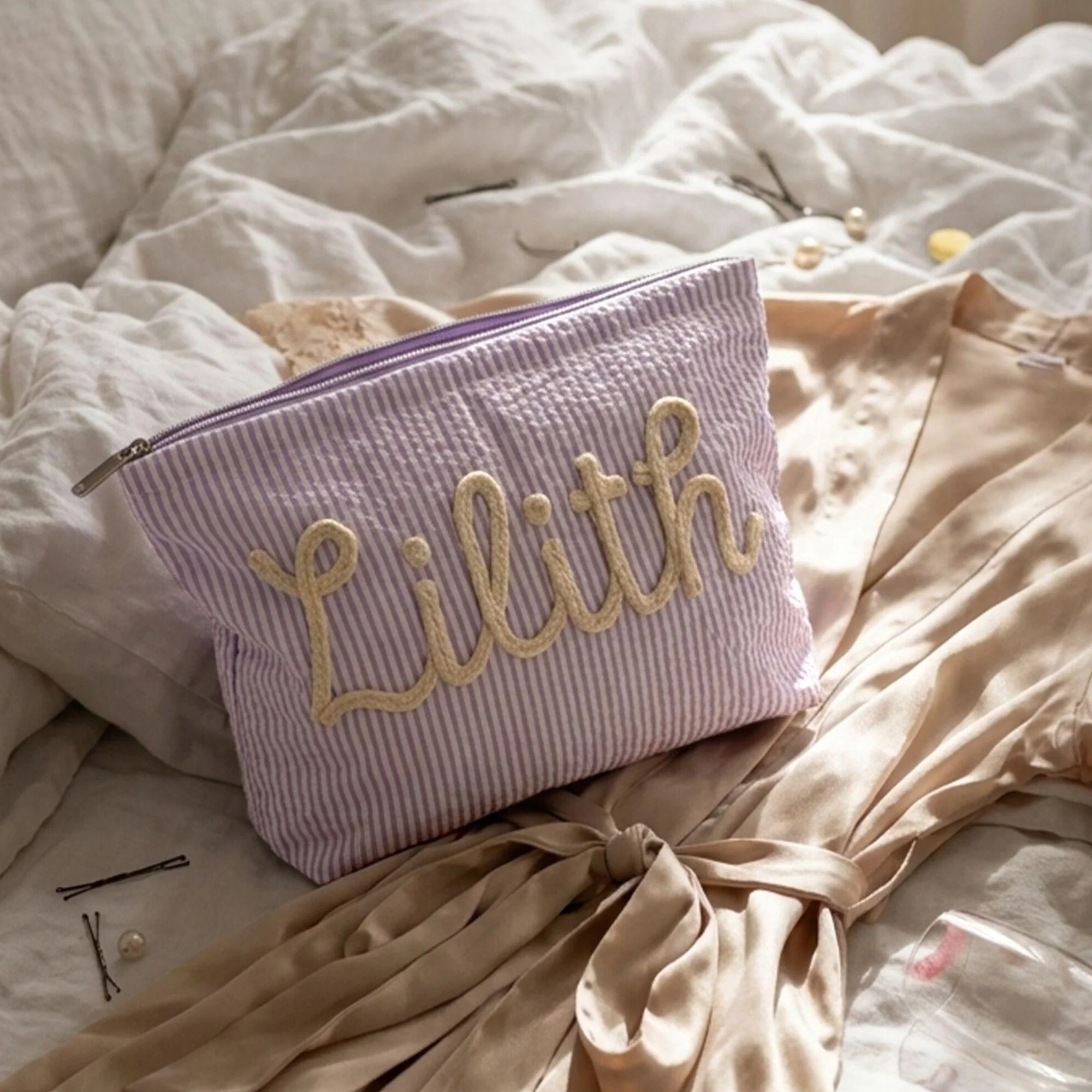 Personalized Name Seersucker Makeup Bag - Gift For Mom, Girlfriend, Women, Summer Gift HO82 902064 - Image 10