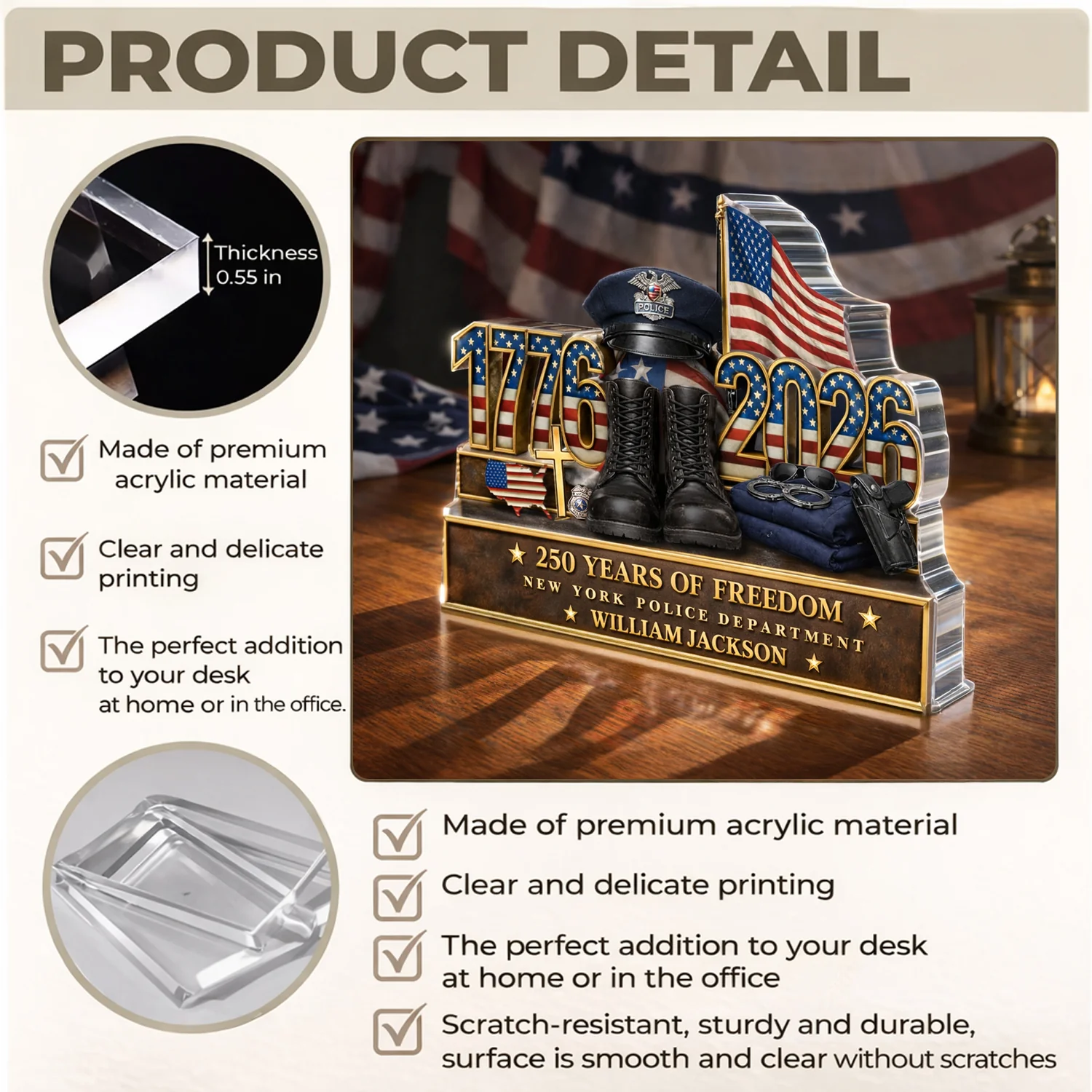Personalized Police Office 250 Years Of Freedom 1776–2026 Acrylic Block Plaque - Police Gift, Patriotic Memorial Decor HO82 901888 - Image 6