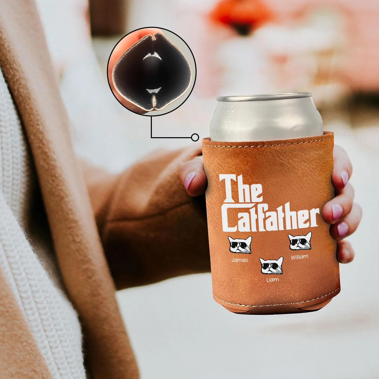 Personalized The Catfather Leather Can Cooler Holder Gift For Cat Dad HO82 894094 - Image 3