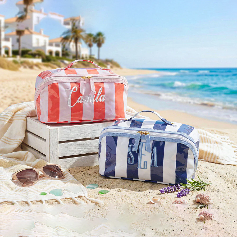 Personalized Name Embroidered Monogram Striped Waterproof Makeup Bag - Gift For Mom, Girlfriend, Women, Summer Gift CH07 911340 - Image 4