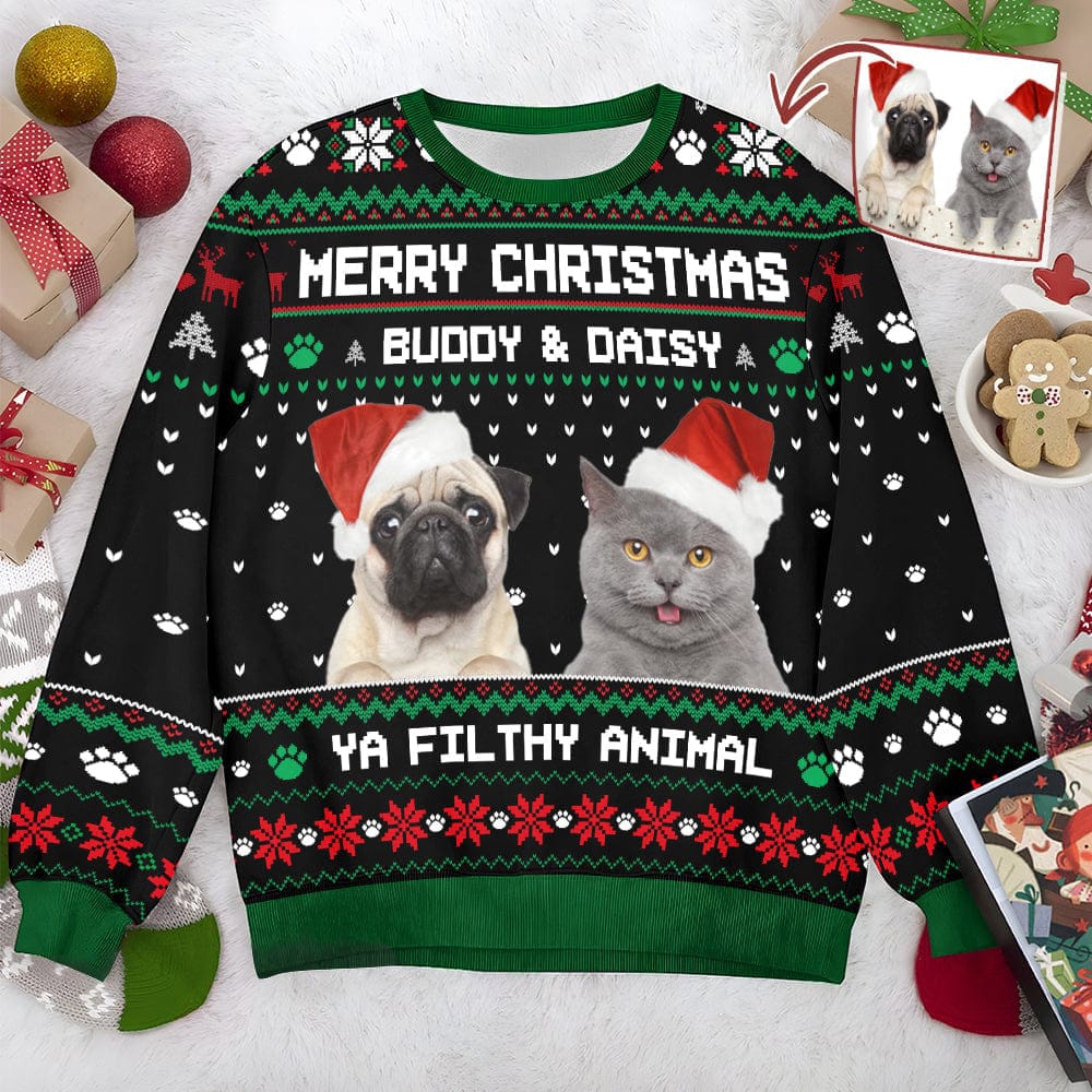 Personalized Photo Dog Cat Merry Christmas Ya Filthy Animal All-Over-Print Ugly Sweatshirt DA199 HN590 - Image 3