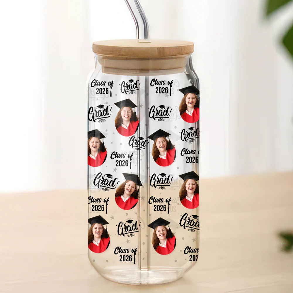Custom Photo Class Of 2026 Graduation Glass Can With Lid HO82 901490 - Image 5