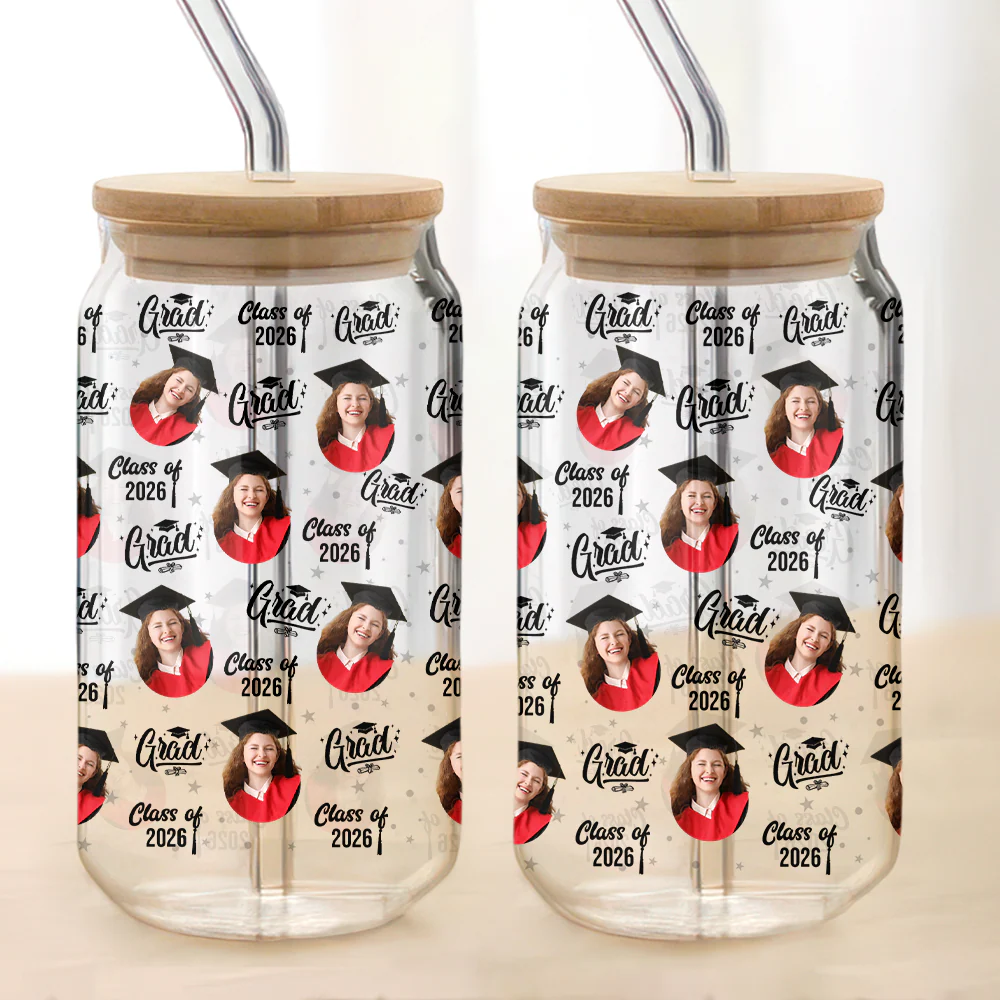 Custom Photo Class Of 2026 Graduation Glass Can With Lid HO82 901490 - Image 7