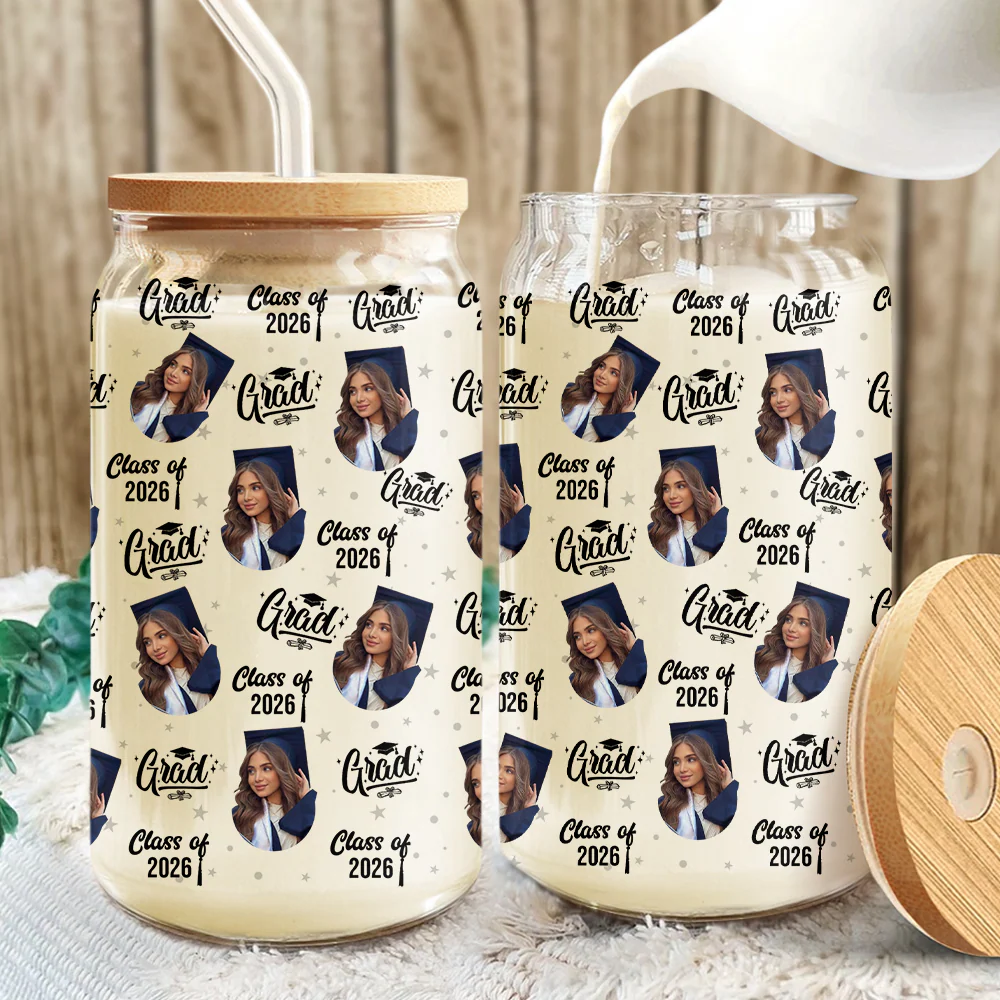 Custom Photo Class Of 2026 Graduation Glass Can With Lid HO82 901490 - Image 8