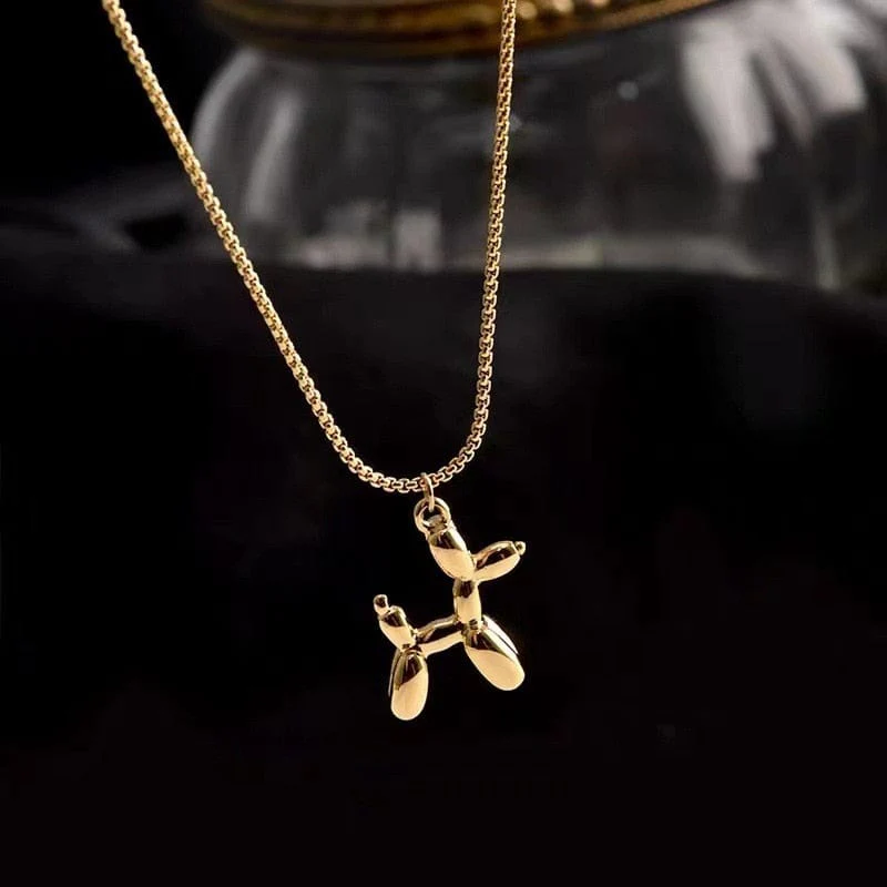 Stainless Steel Cute Style Balloon Dog Golden Pendant Necklace - Image 2