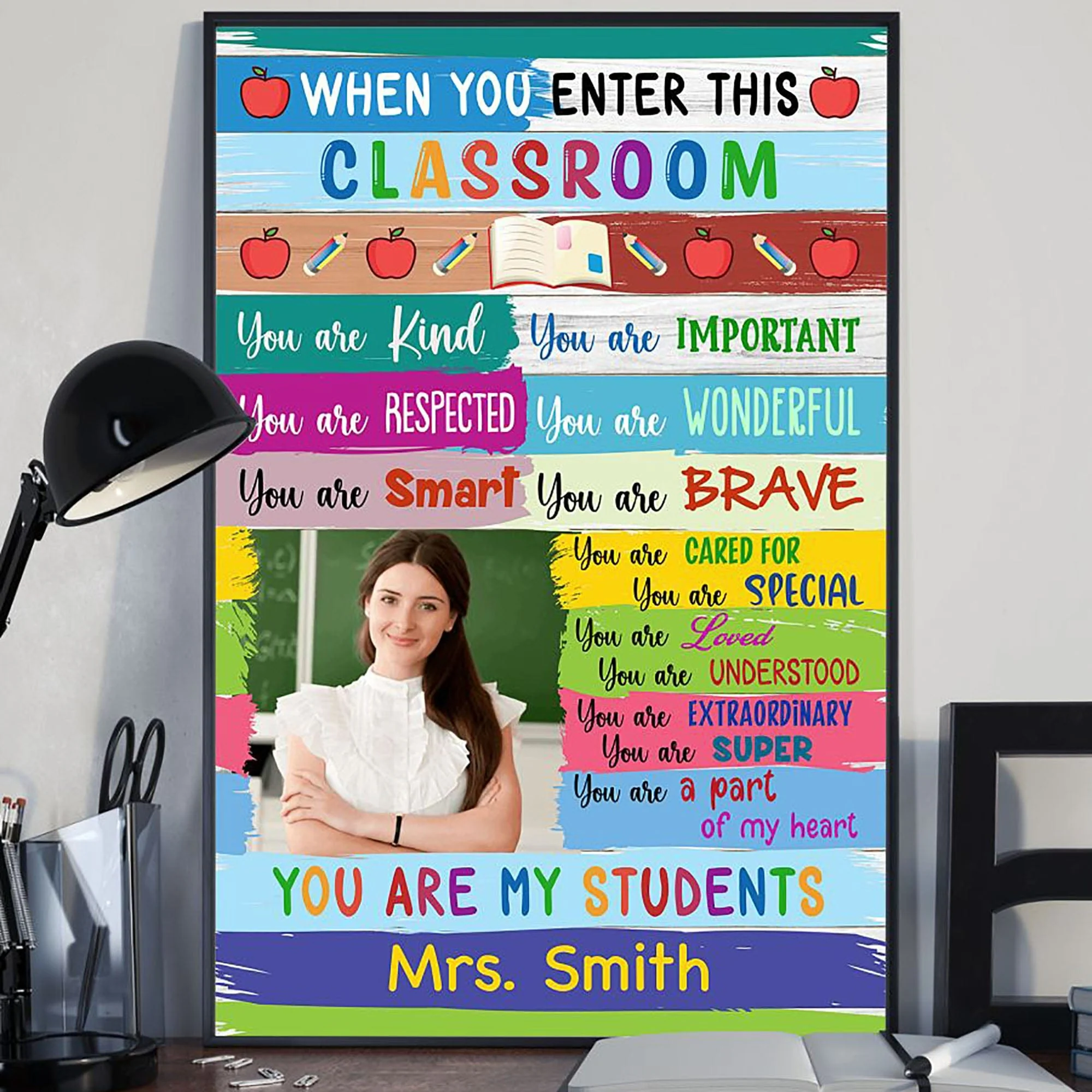 Teacher Wood Texture Classroom Personalized Photo Vertical Poster C430