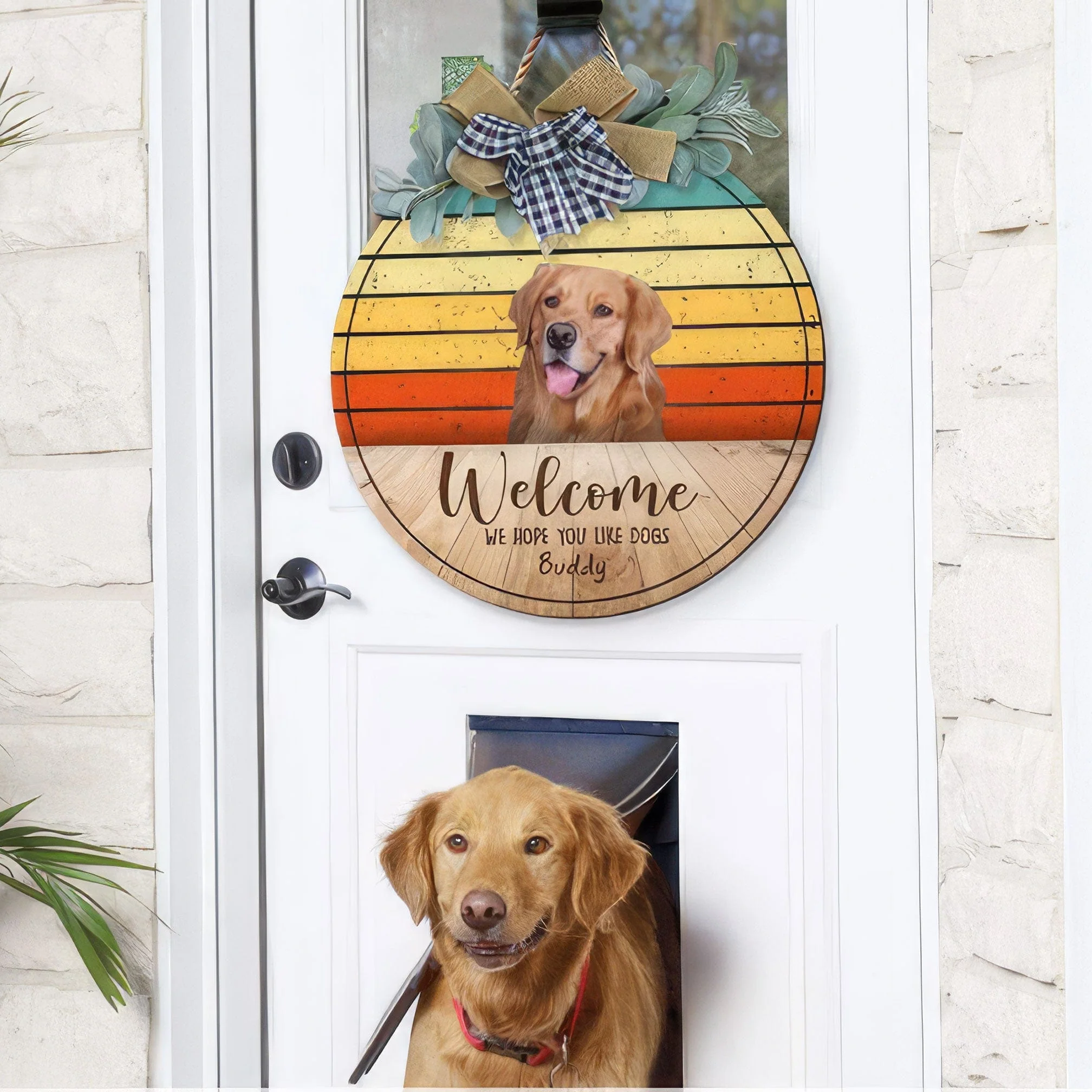 Welcome We Hope you like Dog Door Sign With Wreath, Retro Vintage HN590 - Image 2