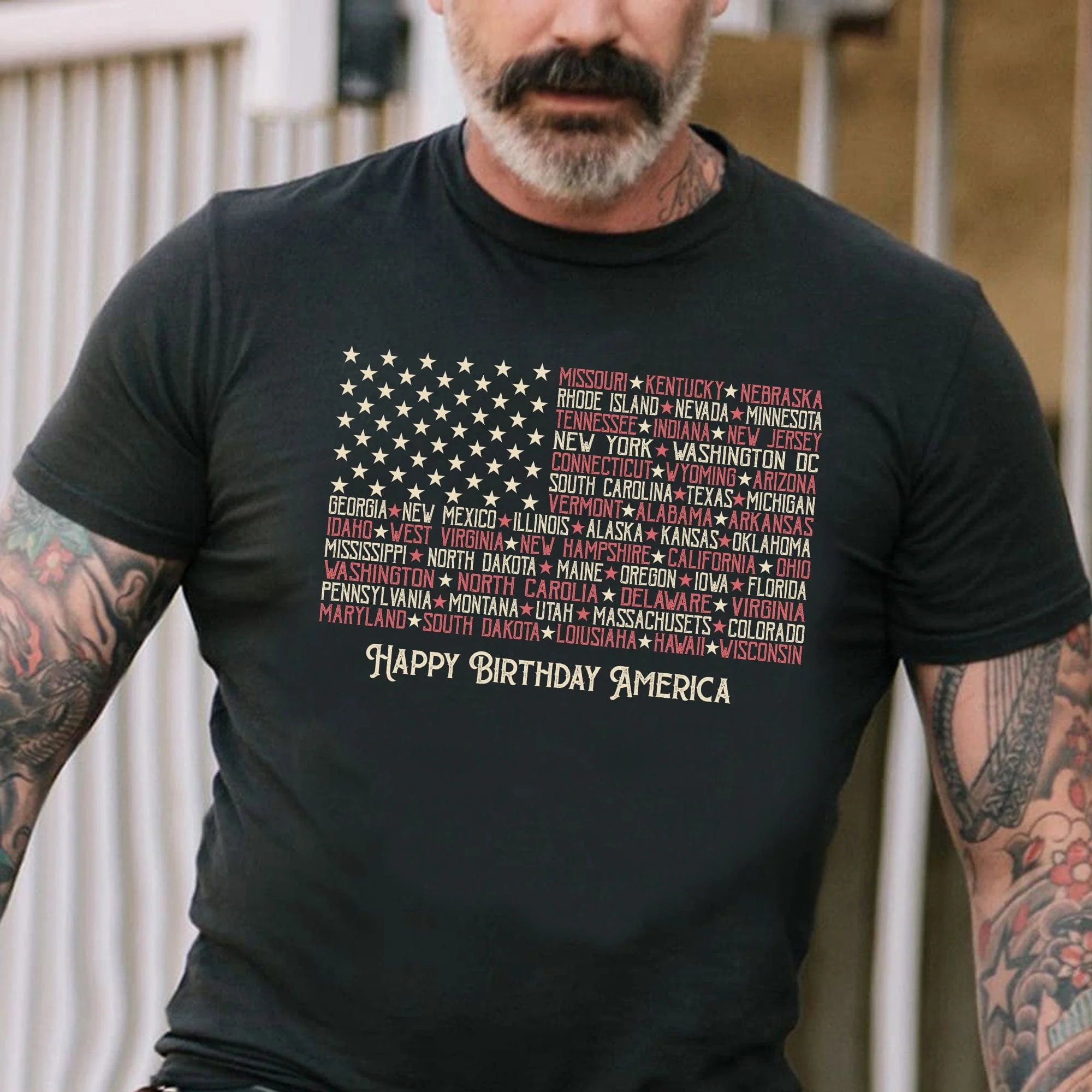 Vitage American Flag Tee with States Personalized Custom 4 Th Of July Shirt H380