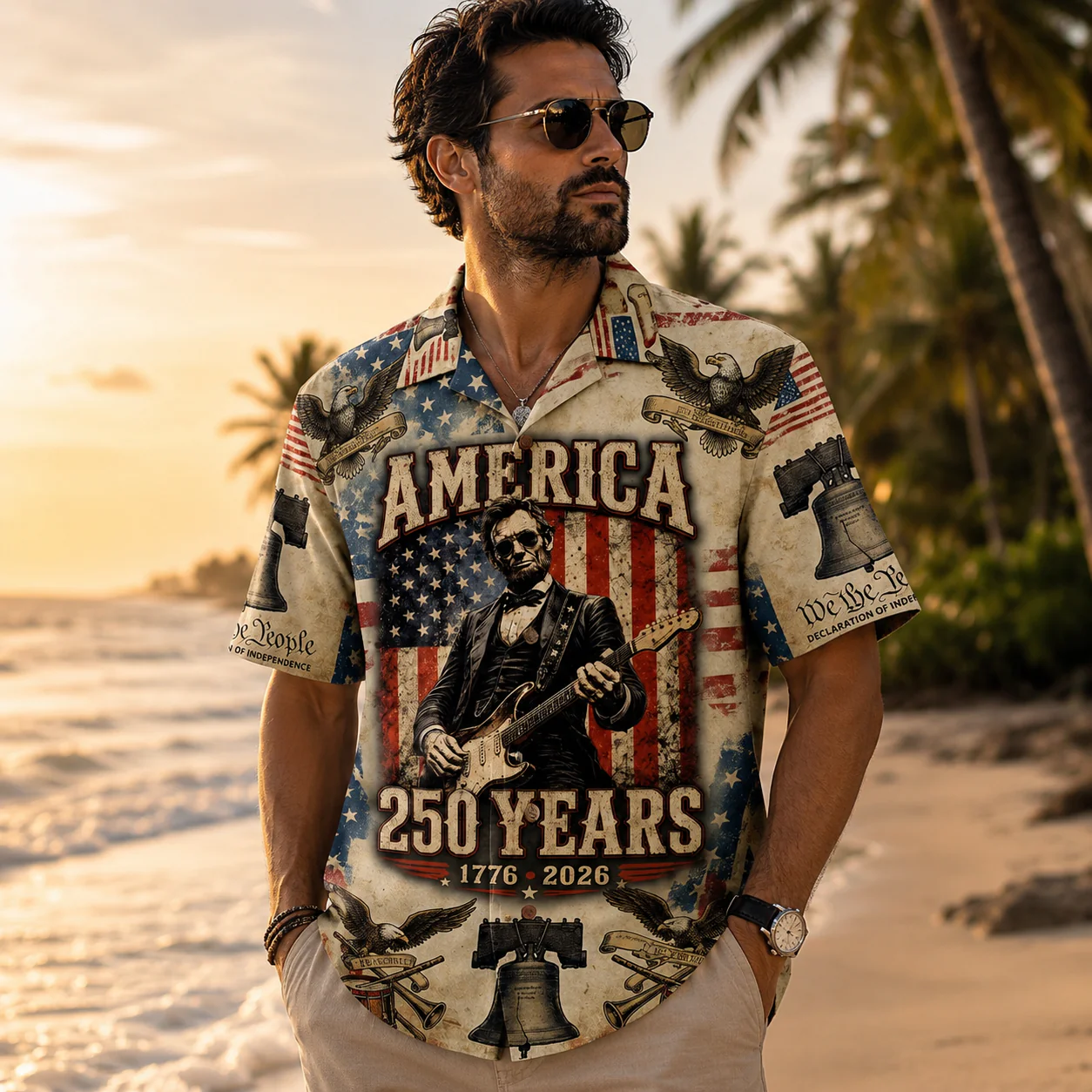Abraham Lincoln Playing Guitar Rock and Roll American Flag Hawaii Shirt 1776-2026 USA Flag Hawaii Shirt CH07 911762 - Image 3
