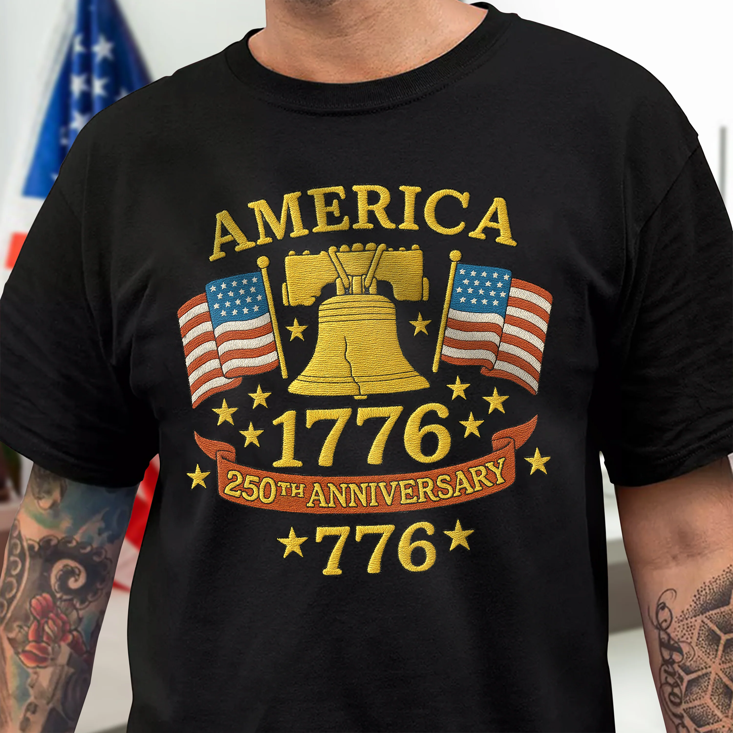 Anniversary Liberty Bell Embroidered Effect Dark Shirt America 250th Anniversary Shirt CH07 899188 - Image 5
