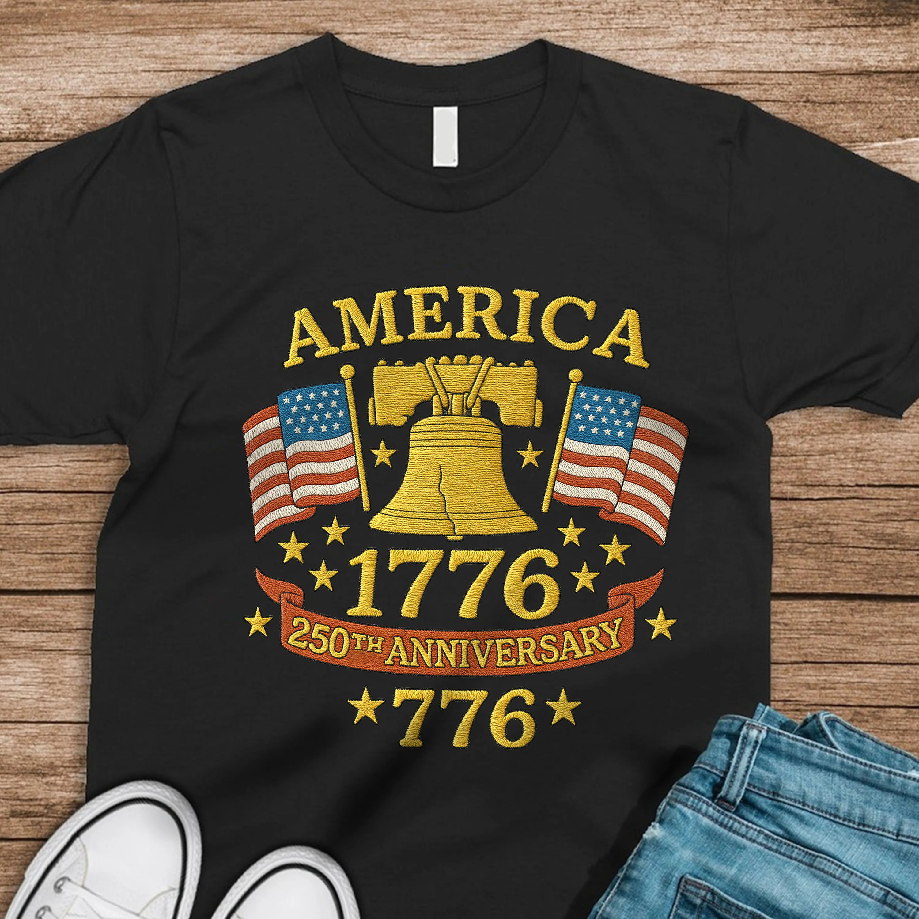 Anniversary Liberty Bell Embroidered Effect Dark Shirt America 250th Anniversary Shirt CH07 899188 - Image 6