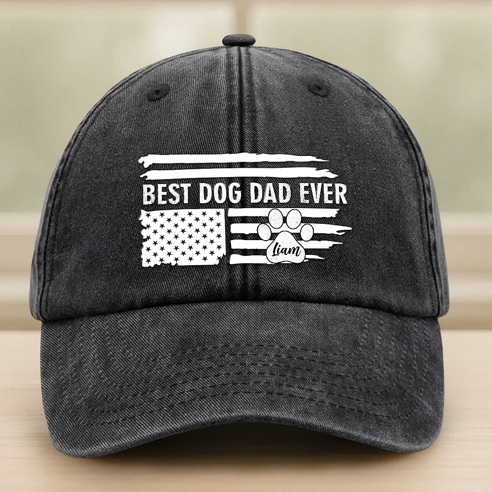 Best Dog Dad Ever Paw American Flag Washed Denim Baseball Cap CH07 895934 - Image 2