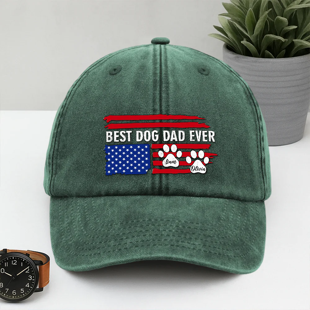 Best Dog Dad Ever Paw American Flag Washed Denim Baseball Cap CH07 895934 - Image 3