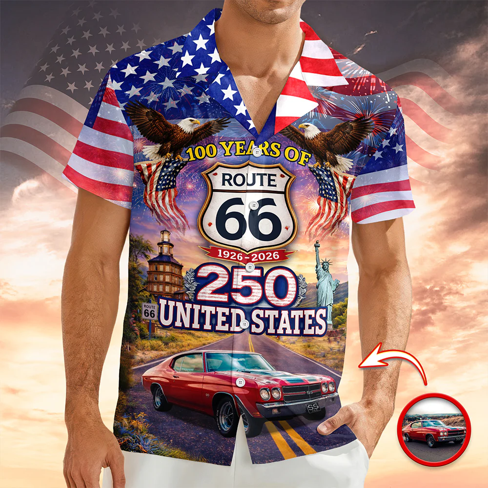 Celebrate 100 Years of Road Route 66 and America 250th Anniversary Custom Car Photo Hawaiian Shirt CH07 910378 - Image 2