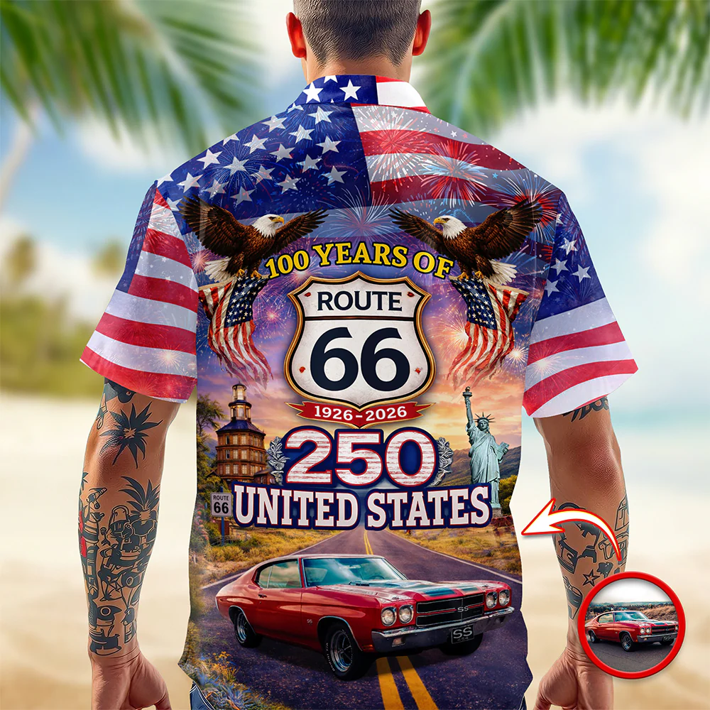 Celebrate 100 Years of Road Route 66 and America 250th Anniversary Custom Car Photo Hawaiian Shirt CH07 910378 - Image 3