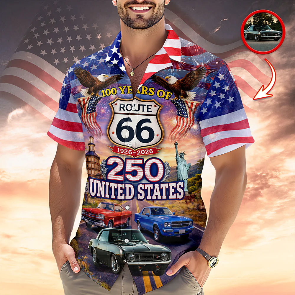 Celebrate 100 Years of Road Route 66 and America 250th Anniversary Custom Car Photo Hawaiian Shirt CH07 910378 - Image 7