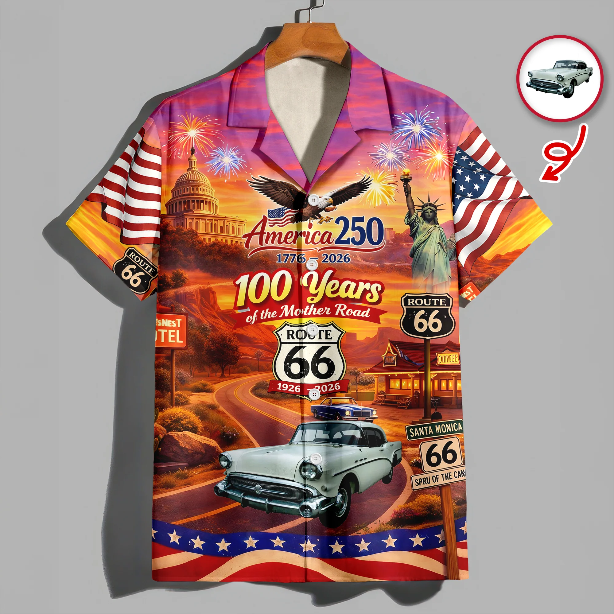Celebrate 100 Years of Road Route 66 and America 250th Anniversary Custom Car Photo Hawaiian Shirt CH07 910510 - Image 5