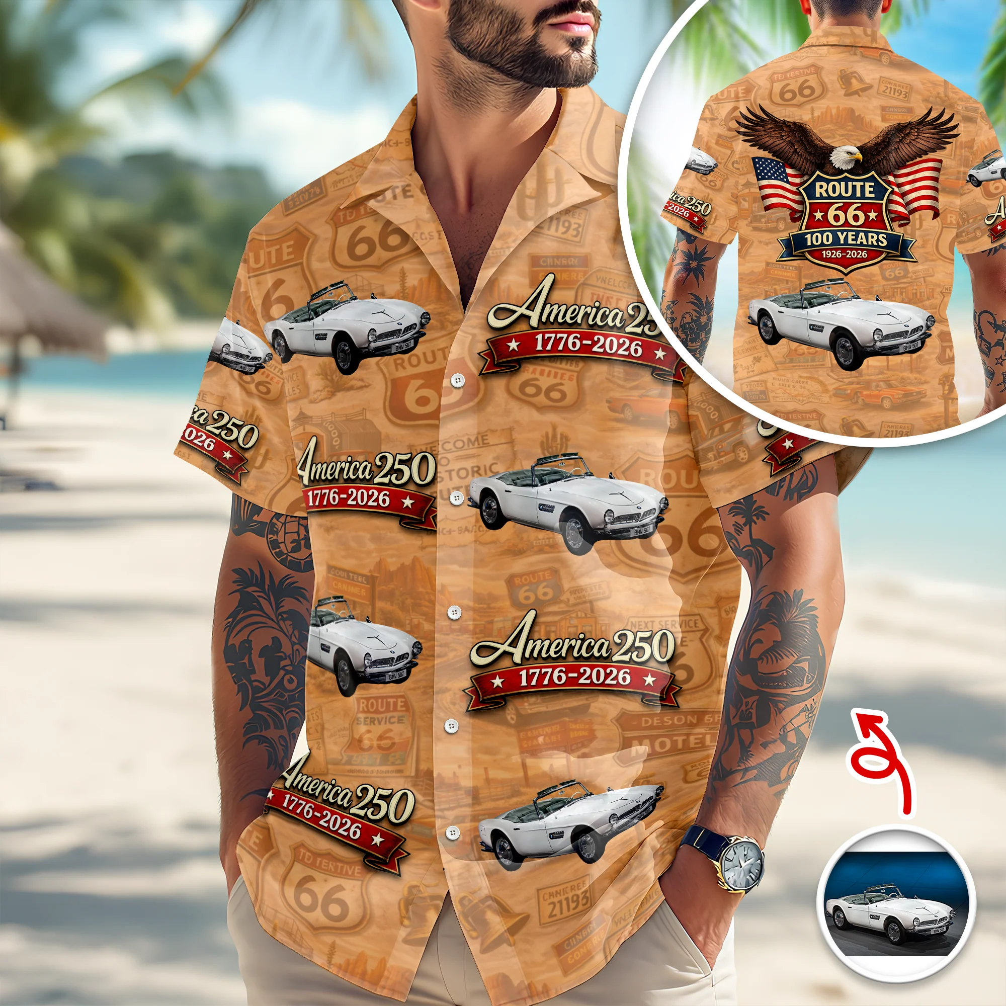 Custom Car Photo 100 Years of Route 66 and America 250th Anniversary Hawaii Shirt CH07 910502 - Image 3
