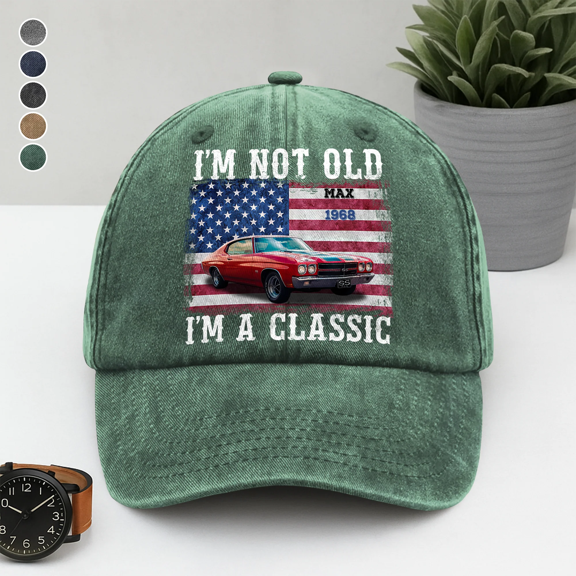 Custom Car Photo I'm Not Old Classic Car American Flag Washed Denim Baseball Cap CH07 896428 - Image 2