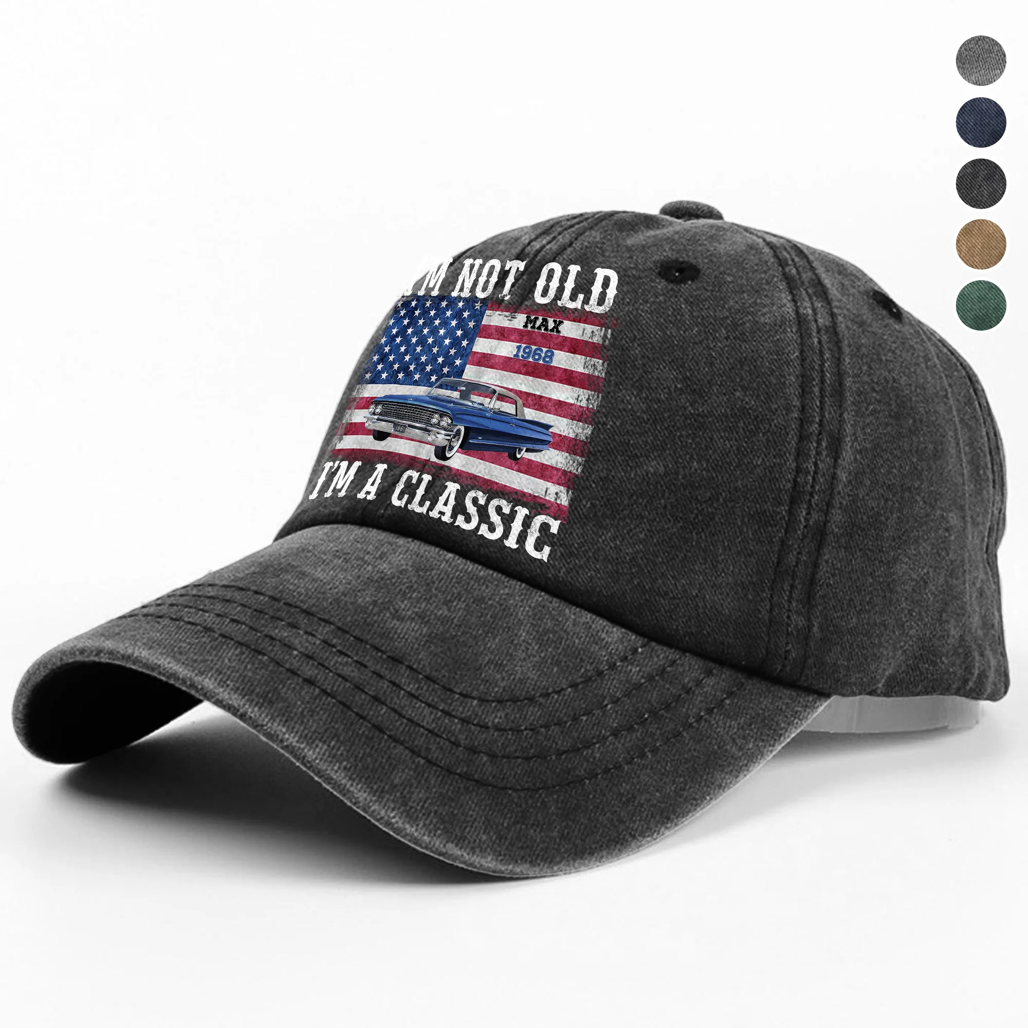 Custom Car Photo I'm Not Old Classic Car American Flag Washed Denim Baseball Cap CH07 896428 - Image 3