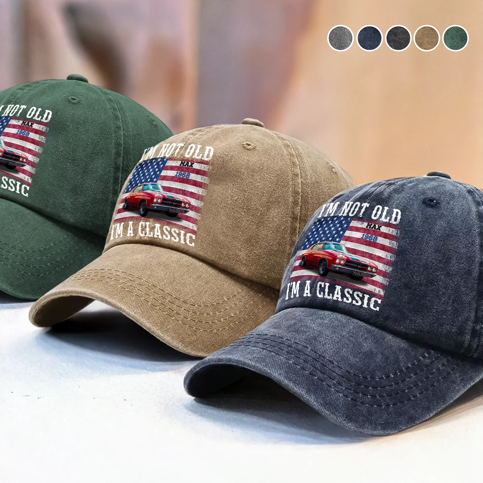 Custom Car Photo I'm Not Old Classic Car American Flag Washed Denim Baseball Cap CH07 896428 - Image 4