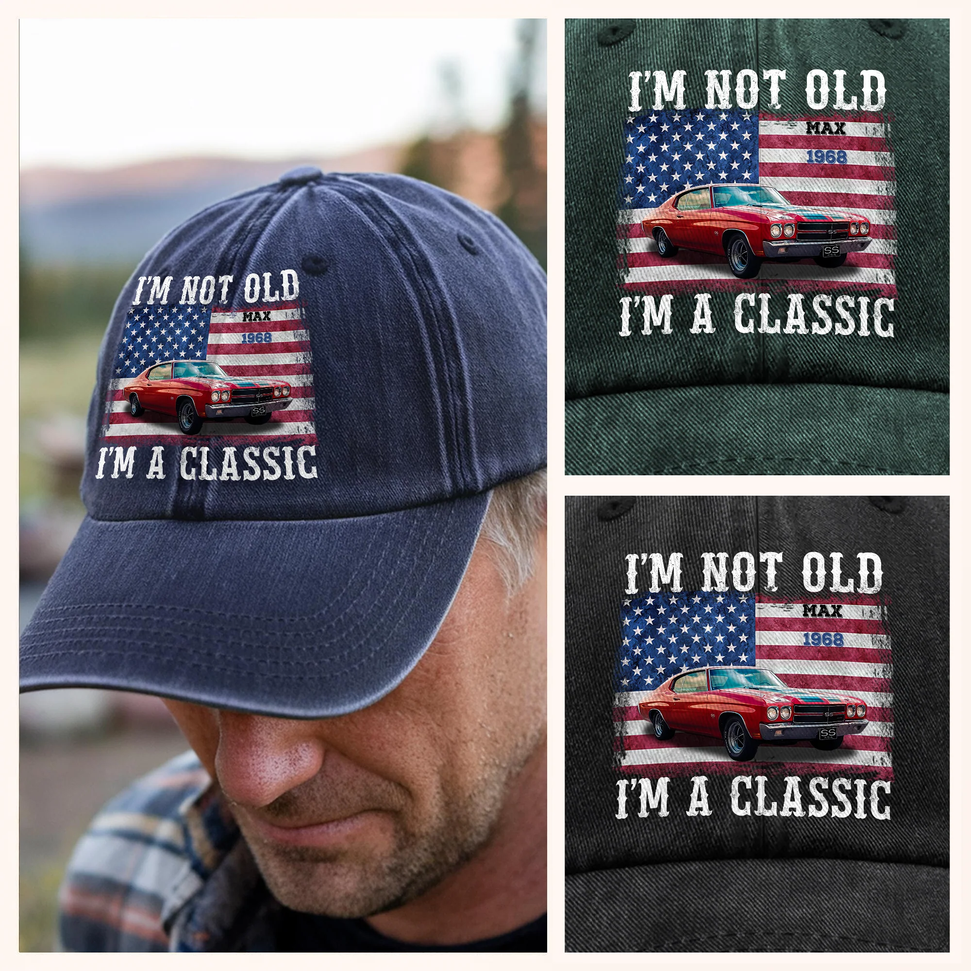 Custom Car Photo I'm Not Old Classic Car American Flag Washed Denim Baseball Cap CH07 896428 - Image 6