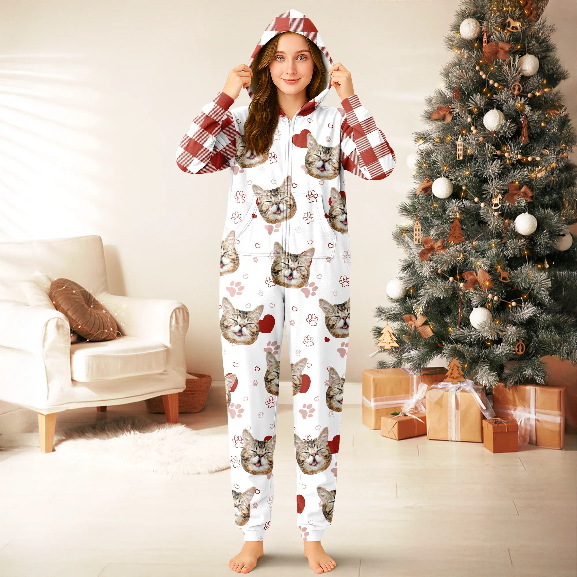 Custom Cat Photo Plaid Onsie Pajamas Christmas Gift For Cat Lovers CH07 899644 - Image 3