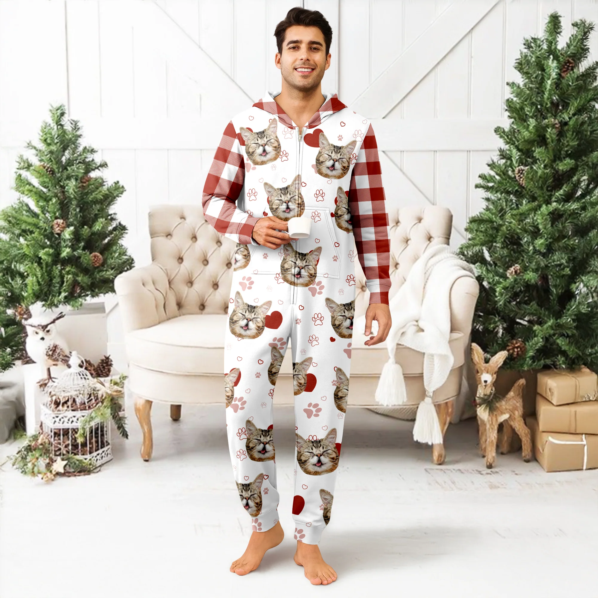 Custom Cat Photo Plaid Onsie Pajamas Christmas Gift For Cat Lovers CH07 899644 - Image 4