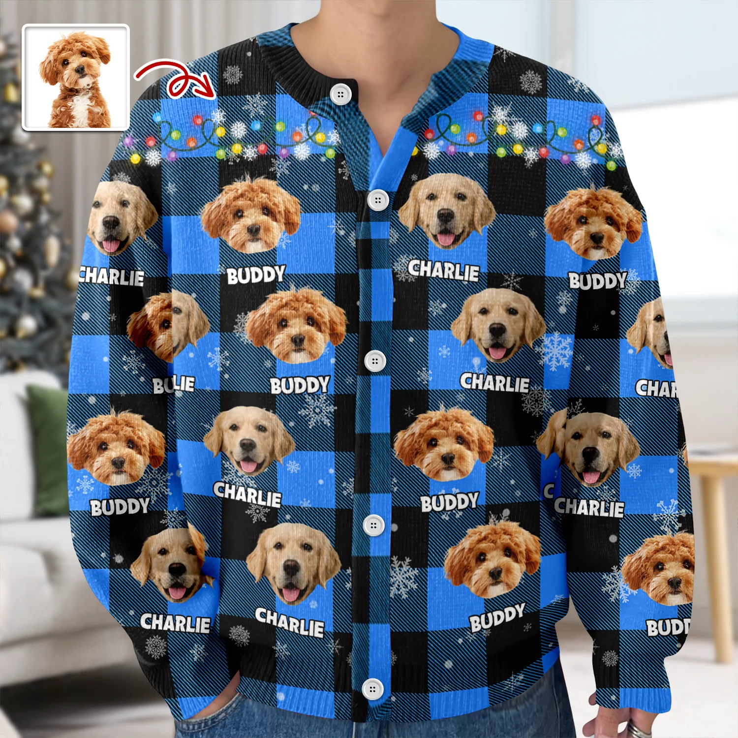 Custom Dog Photo Name Christmas Light Snow Cardigan CH07 899596 - Image 2