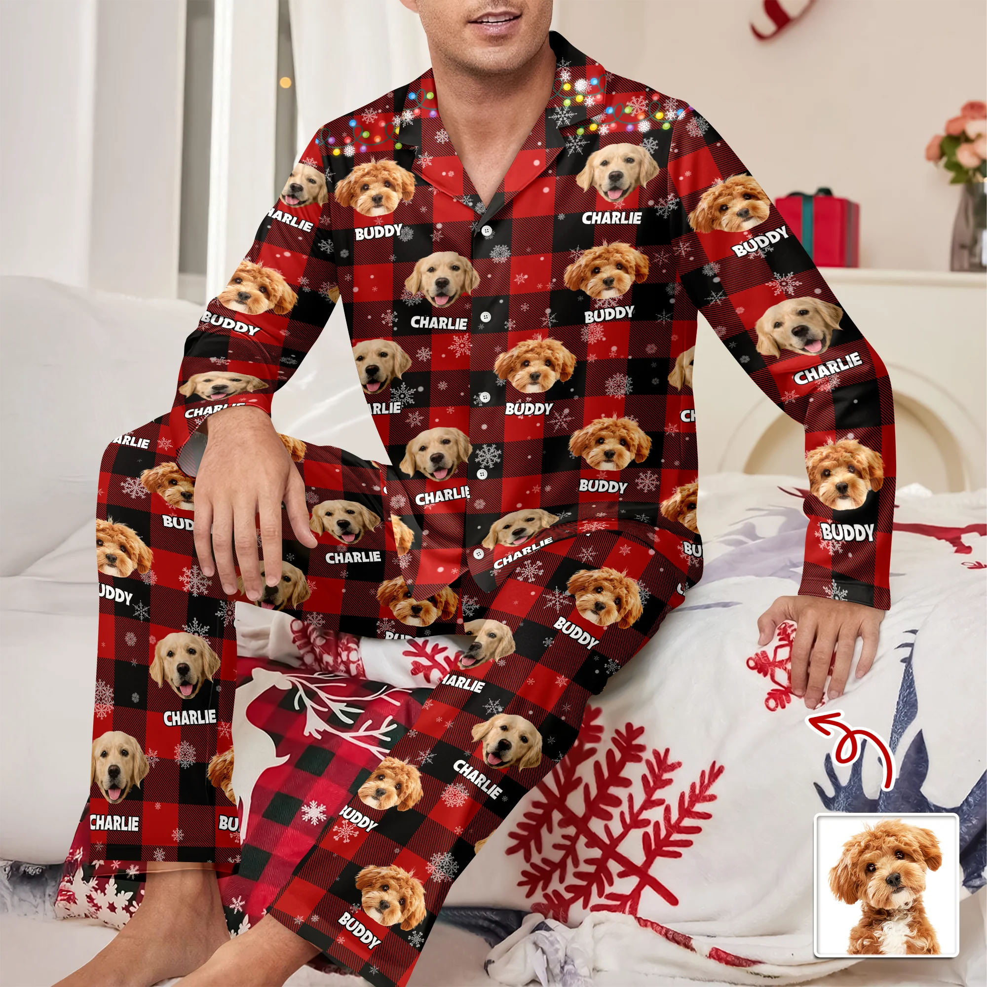 Custom Dog Photo Name Christmas Light Snow Pajamas CH07 899594 - Image 5