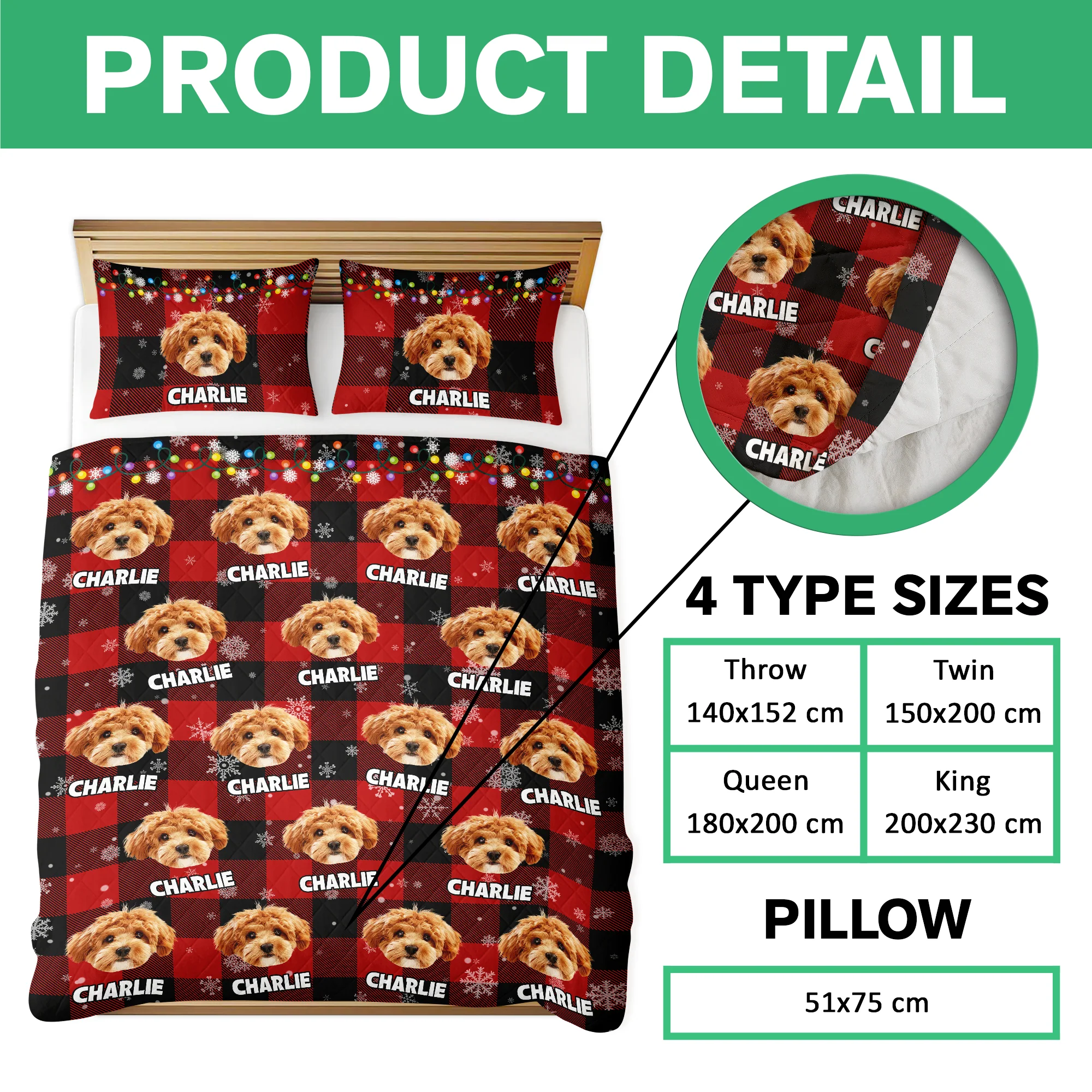 Custom Dog Photo Name Snow Christmas Light Holiday Bedding Set CH07 899086 - Image 7