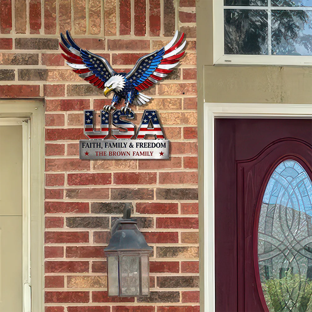 Custom Family Name Monogram Metal Sign, USA Eagle Patriotic Wall Decor, Personalized American Flag Sign CH07 911002 - Image 6