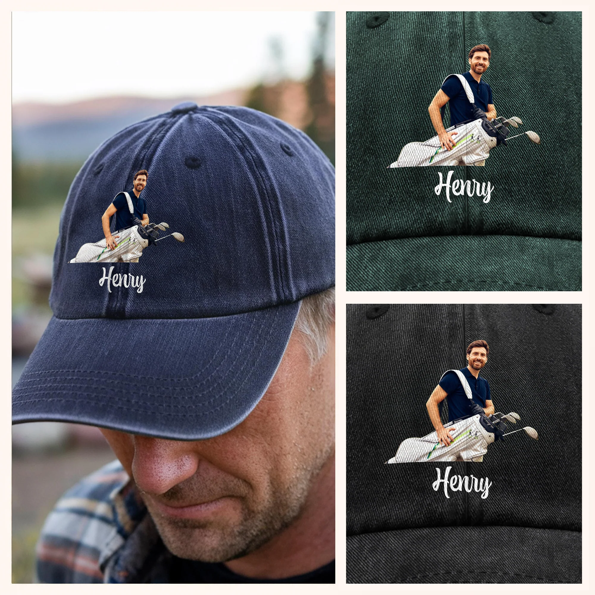 Custom Golf Player Photo Washed Denim Baseball Cap CH07 895504 - Image 3