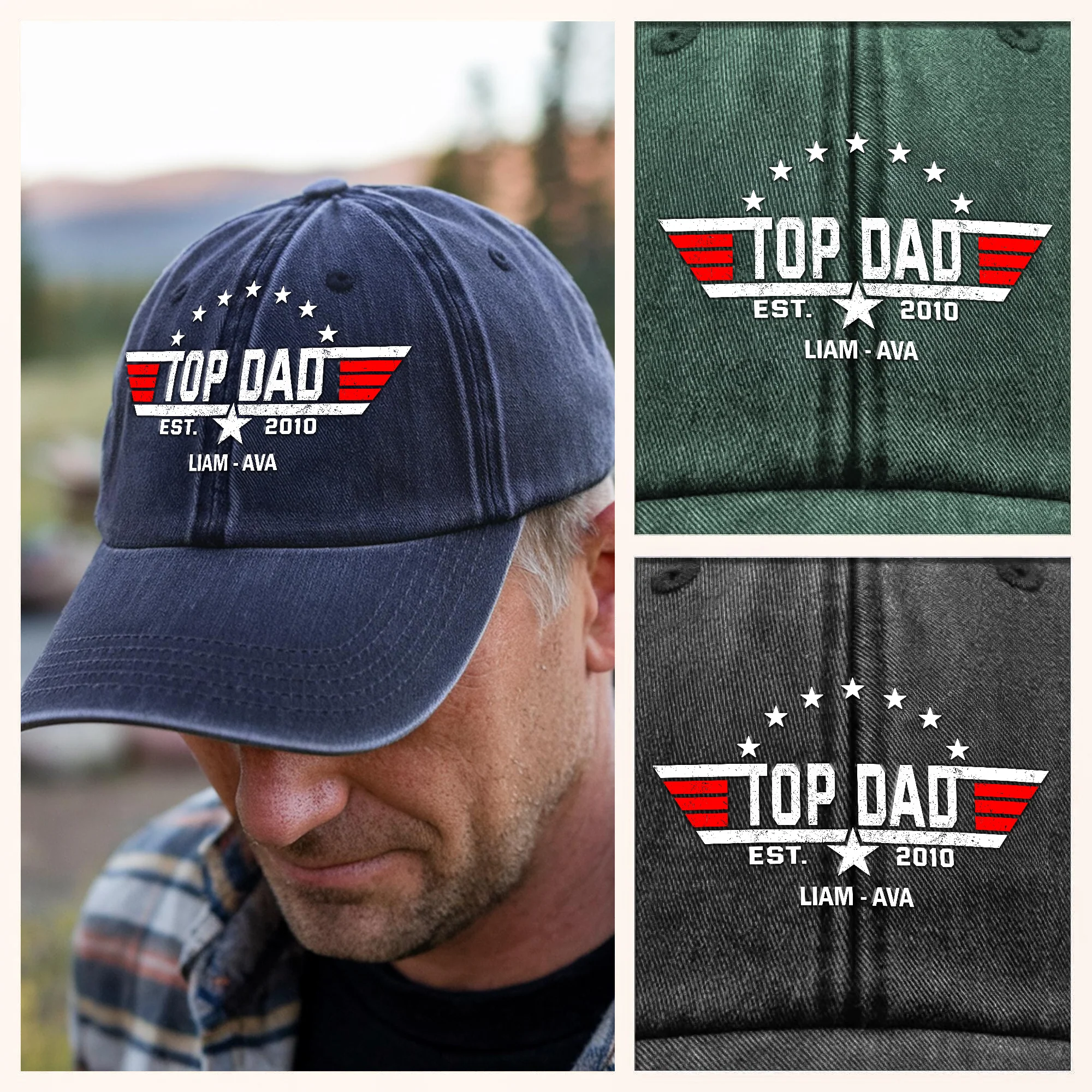 Custom Kid Name Personalized Top Papa American Washed Denim Baseball Cap CH07 896012 - Image 6