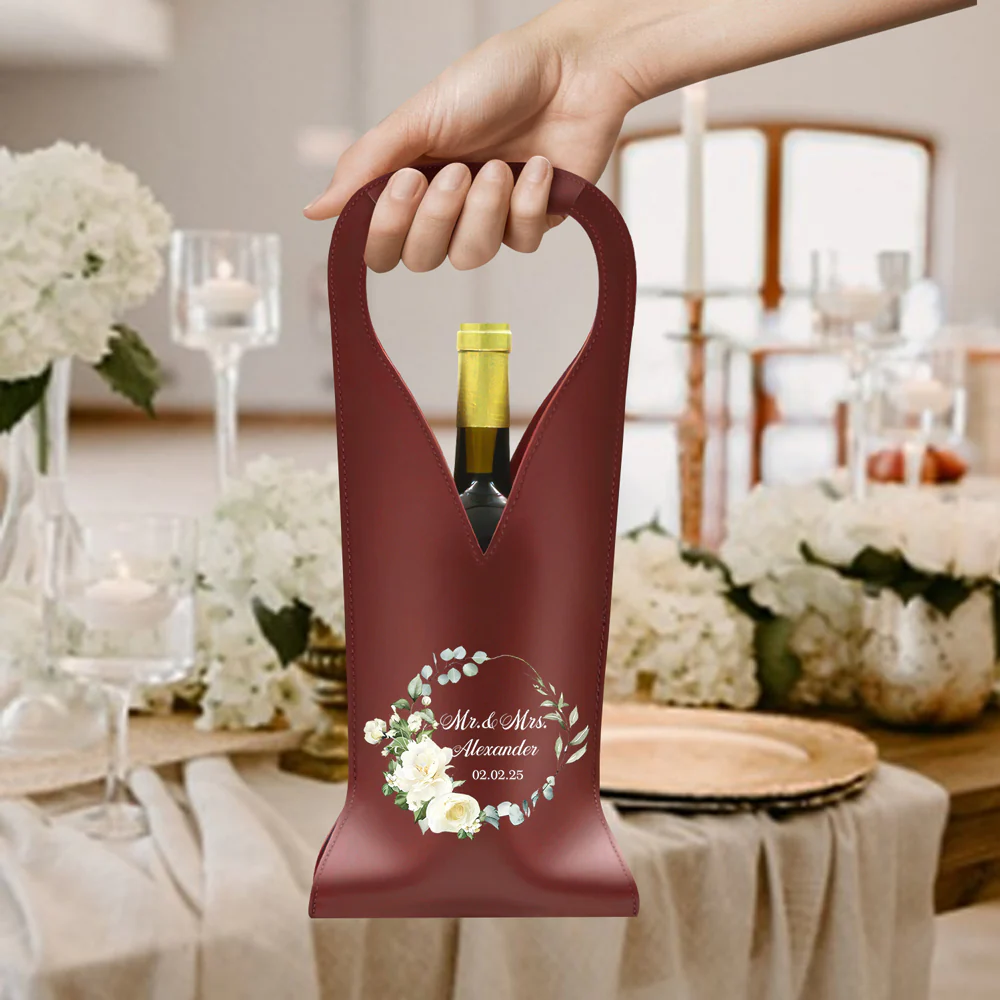 Custom Mr Mrs Personalized Wedding Leather Wine Bag Engagement Gift, Wedding Gift CH07 896534 - Image 2