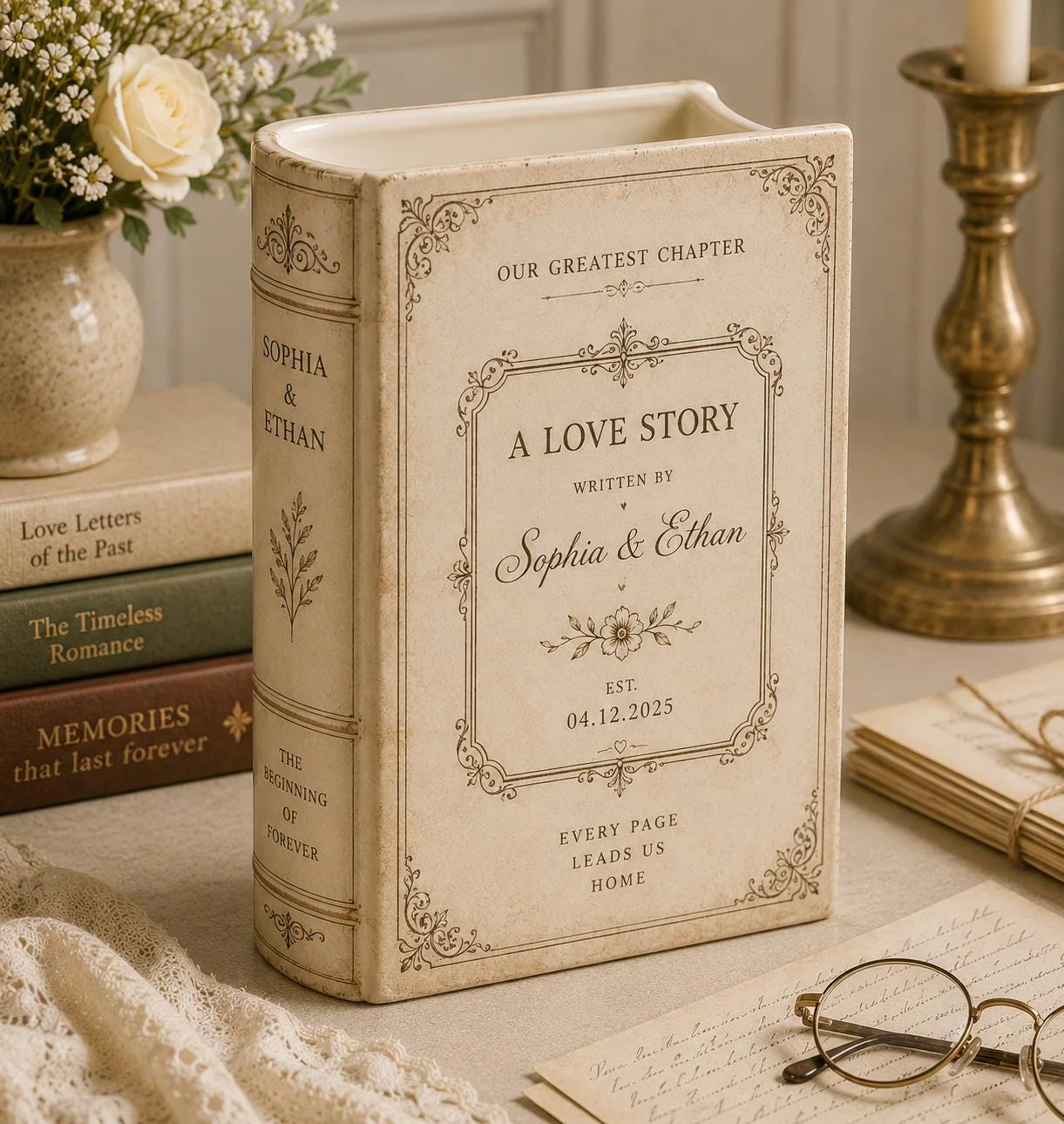 Custom Wedding A Love Story Toile De Jouy Ceramic Book Vase Bridal Shower Gift, Engagement Gift CH07 180122 - Image 2