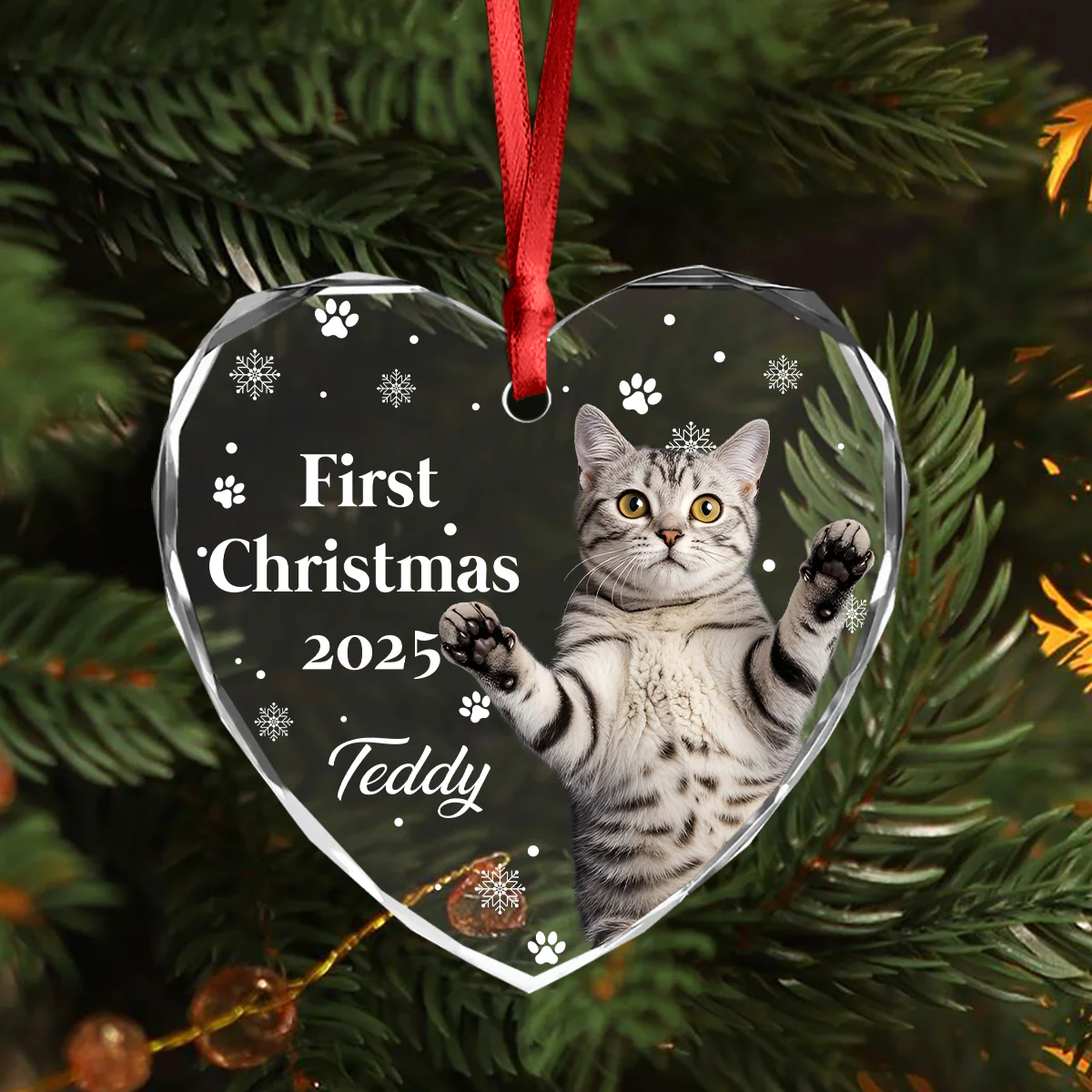 First Christmas With Cute Puppy And Snowflakes Custom Cat Photo Heart Glass Ornament CH07 896780 - Image 2