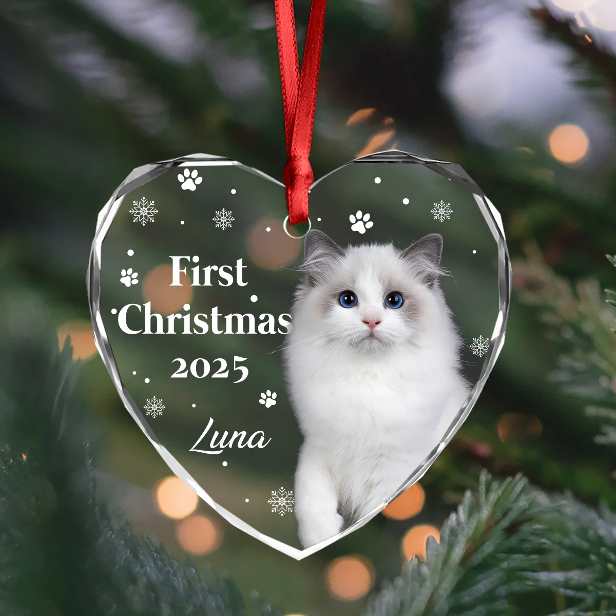 First Christmas With Cute Puppy And Snowflakes Custom Cat Photo Heart Glass Ornament CH07 896780 - Image 3