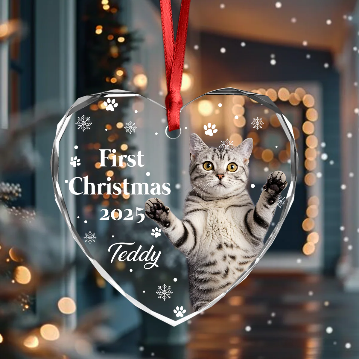 First Christmas With Cute Puppy And Snowflakes Custom Cat Photo Heart Glass Ornament CH07 896780 - Image 5