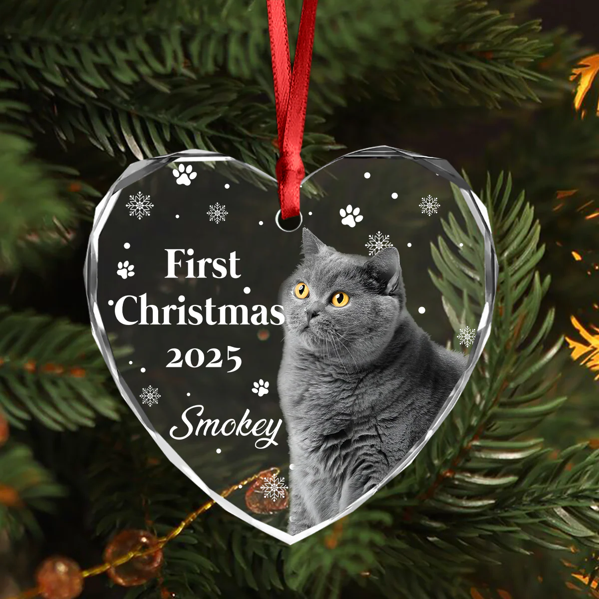 First Christmas With Cute Puppy And Snowflakes Custom Cat Photo Heart Glass Ornament CH07 896780 - Image 7