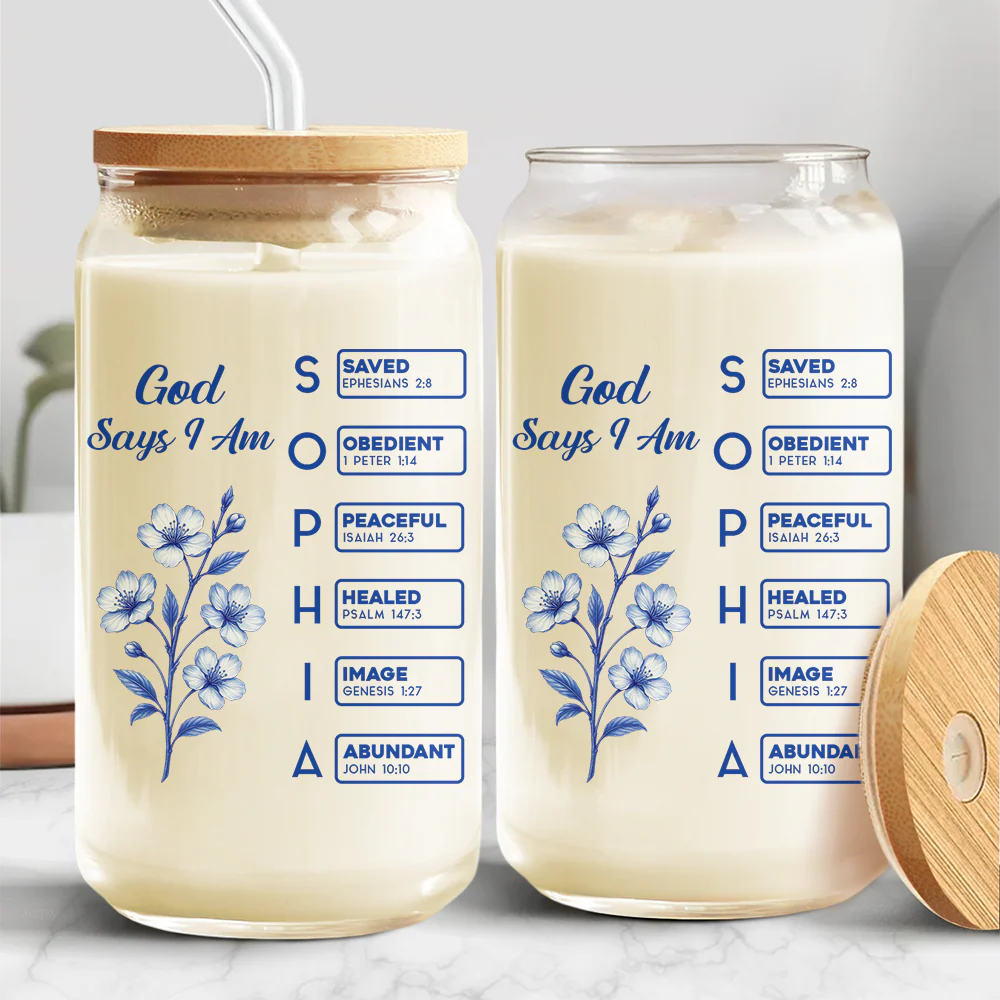 God Says I Am Name Letter In Bible Toile De Jouy Style - Personalized Glass Can With Lid CH07 896954 - Image 2