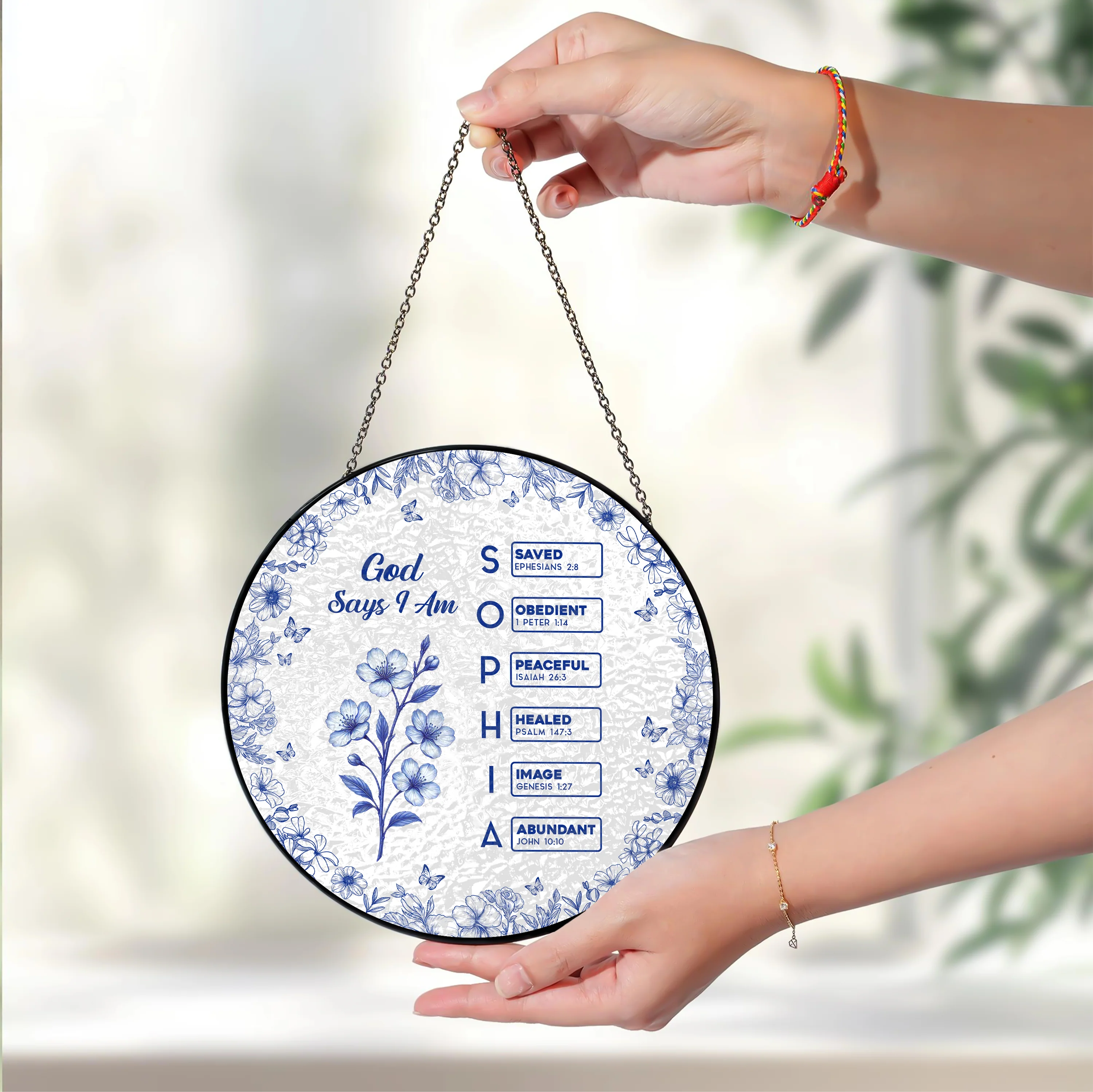God Says I Am Name Letter In Bible Toile De Jouy Style - Personalized Stained Glass Suncatcher CH07 896962 - Image 3