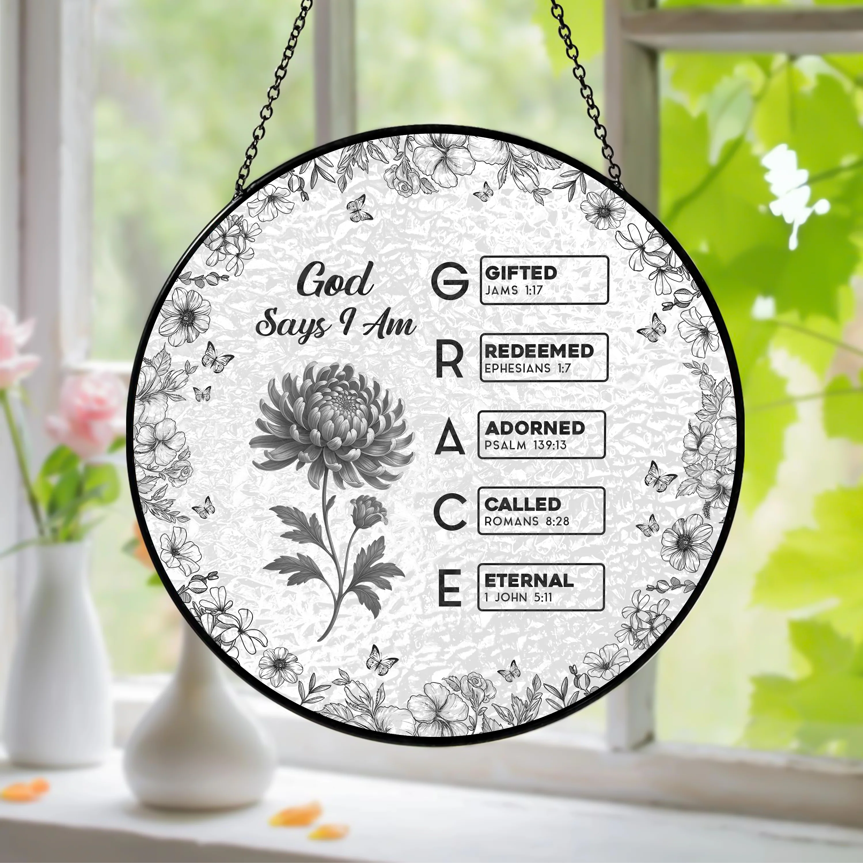 God Says I Am Name Letter In Bible Toile De Jouy Style - Personalized Stained Glass Suncatcher CH07 896962 - Image 4