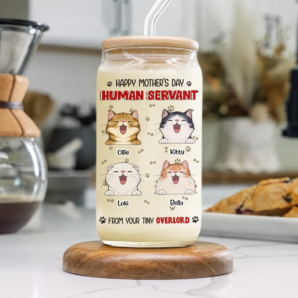 Happy Mother's Day Human Servant Funny Personalized Glass Can With Lid Gift For Cat Lovers CH07 895446 - Image 3